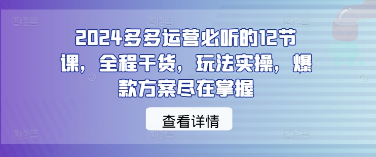 2024多多运营必听的12节课，全程干货，玩法实操，爆款方案尽在掌握网赚项目-副业赚钱-互联网创业-资源整合羊师傅网赚