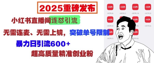 2025重磅发布：小红书直播间连怼引流，无需连麦、无需上镜，突破单号限制，暴力日引流600+网赚项目-副业赚钱-互联网创业-资源整合羊师傅网赚