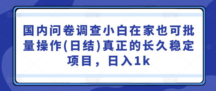 国内问卷调查小白在家也可批量操作(日结)真正的长久稳定项目，日入1k【揭秘】网赚项目-副业赚钱-互联网创业-资源整合羊师傅网赚