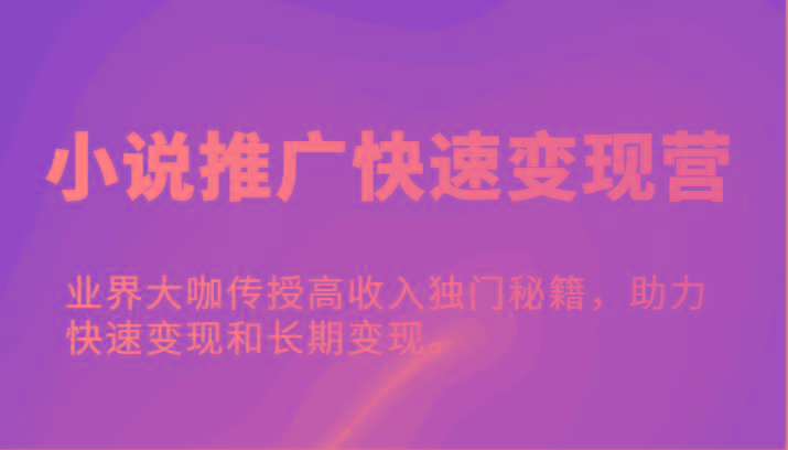 小说推广快速变现营-业界大咖传授高收入独门秘籍，助力快速变现和长期变现。网赚项目-副业赚钱-互联网创业-资源整合羊师傅网赚