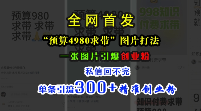 小红书“预算4980带我飞”图片打法，一张图片引爆创业粉，私信回不完，单条引流300+精准创业粉网赚项目-副业赚钱-互联网创业-资源整合羊师傅网赚